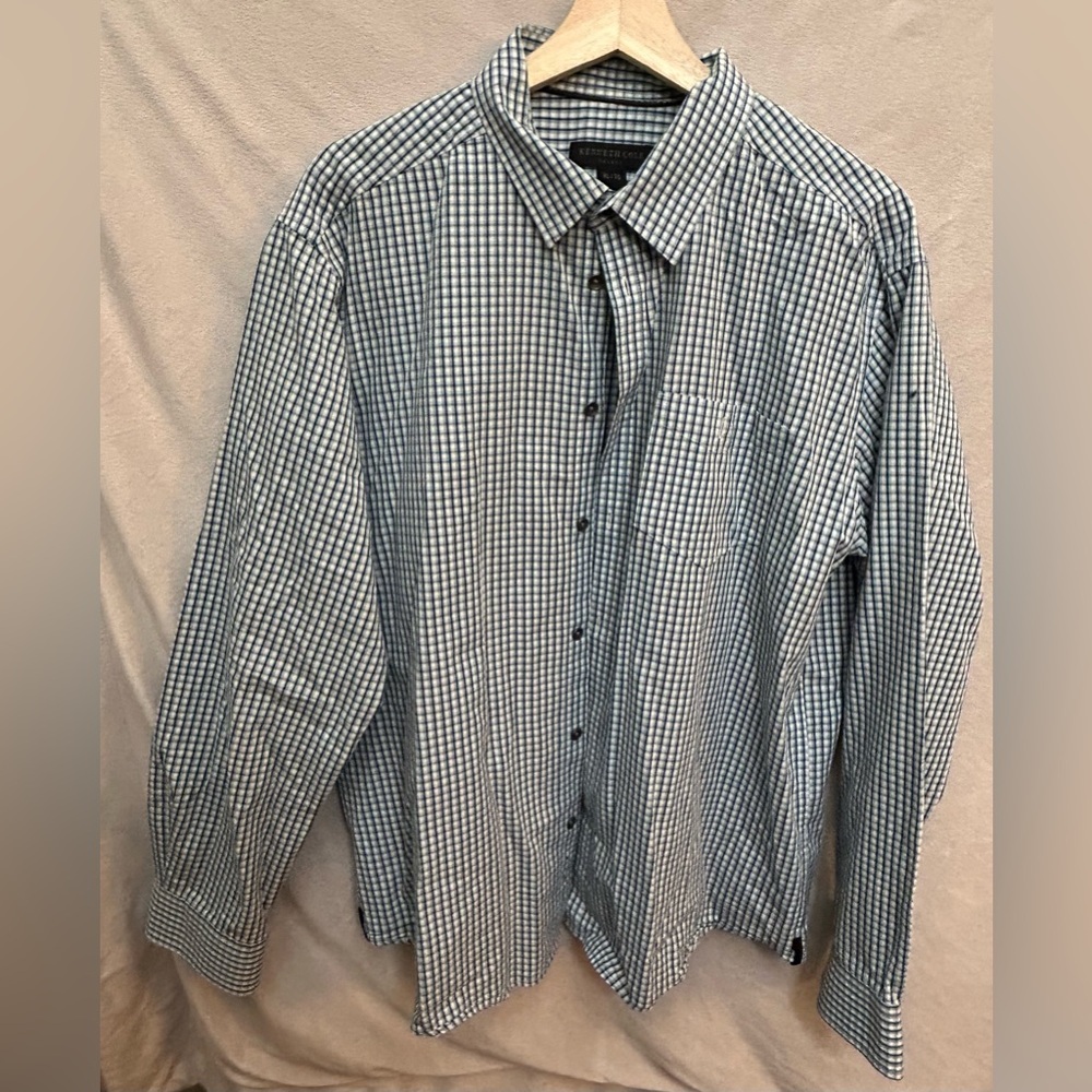 Kenneth Cole Men's Blue and White Checkered Shirt - 100% cotton